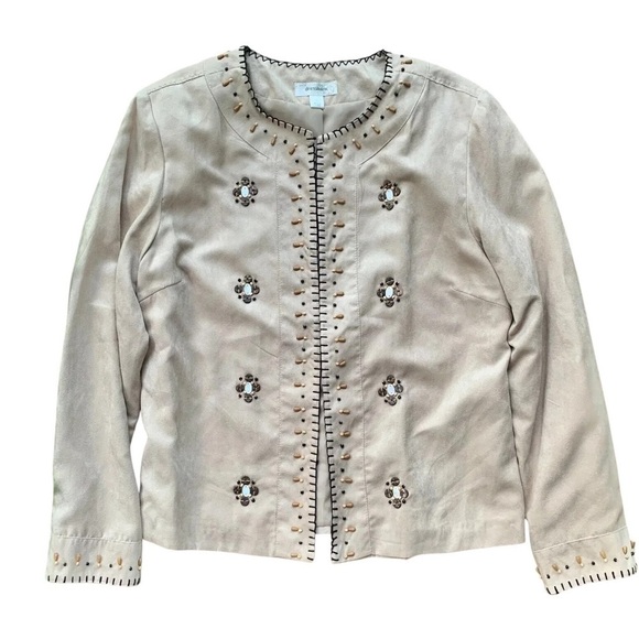 Dressbarn Embroidered Beaded Faux Suede Southwest Open Front Jacket Beige Size L - Picture 1 of 6